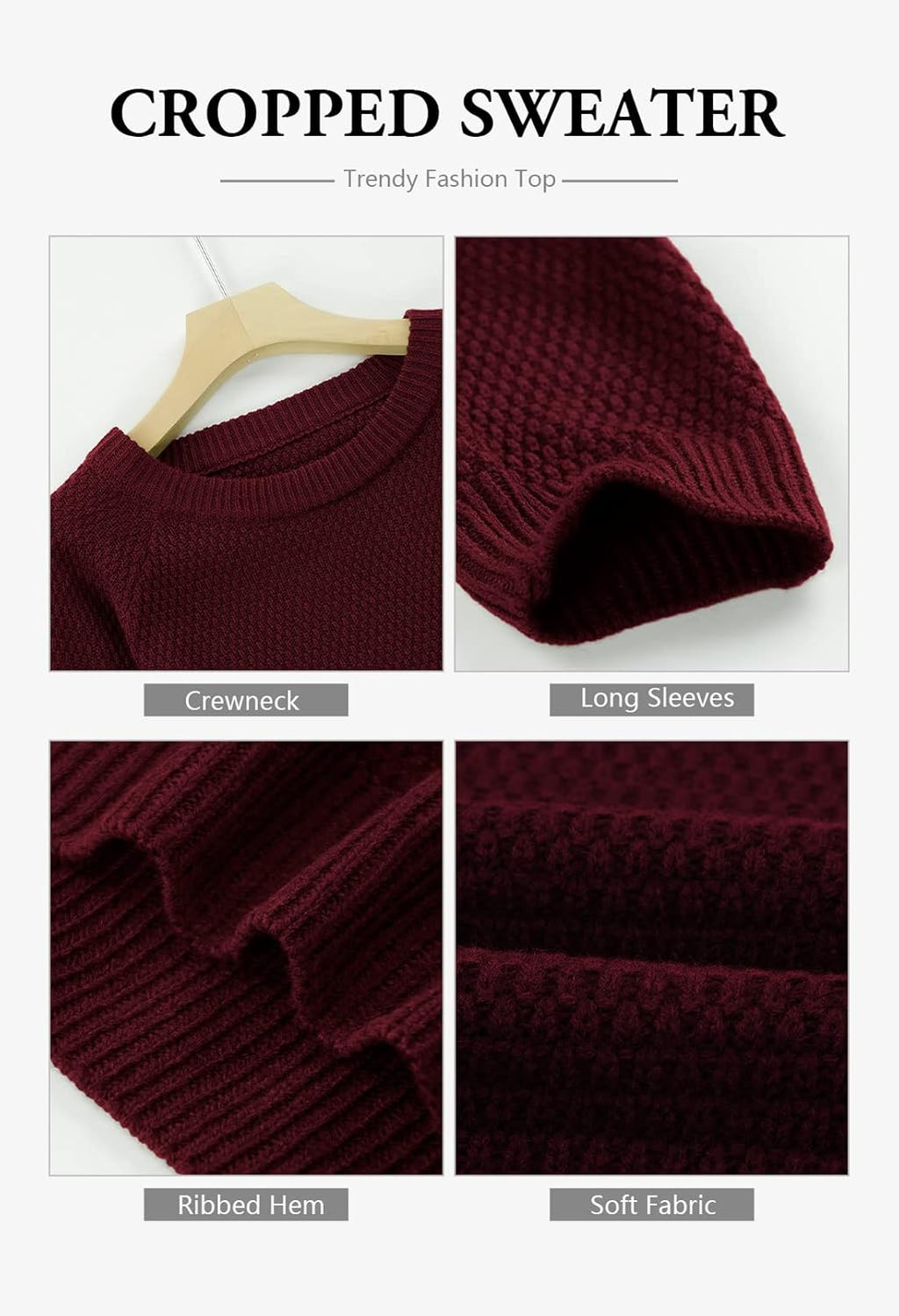 Crop Sweaters for Women Trendy Crew Neck Long Sleeve Fall Ribbed Pullover Cropped Knit Tops