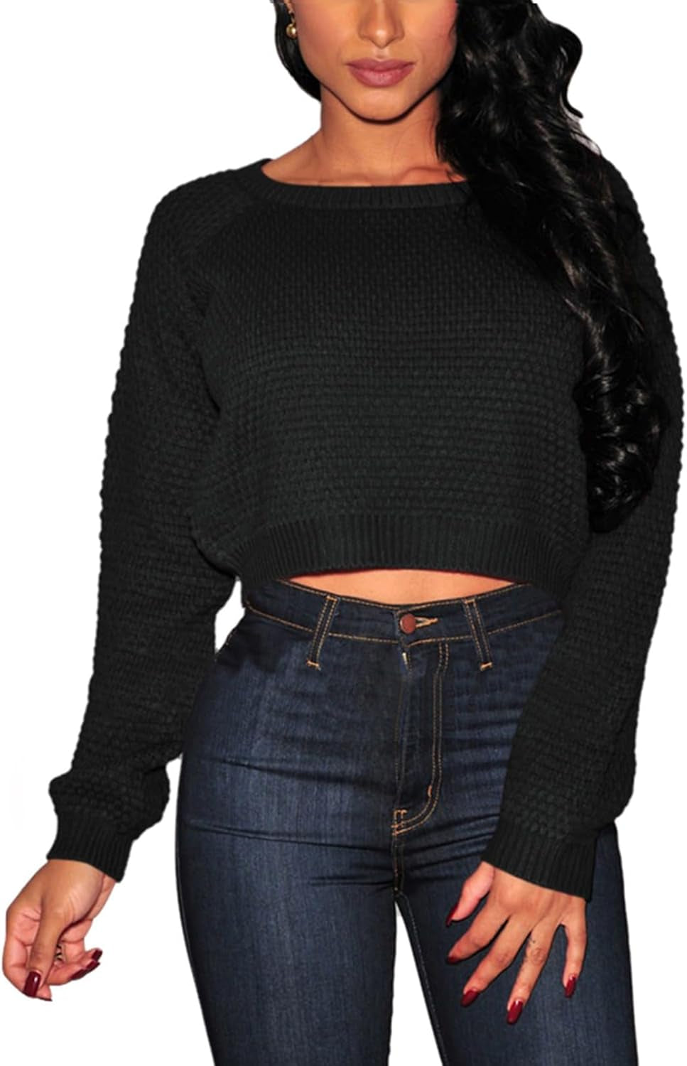 Crop Sweaters for Women Trendy Crew Neck Long Sleeve Fall Ribbed Pullover Cropped Knit Tops