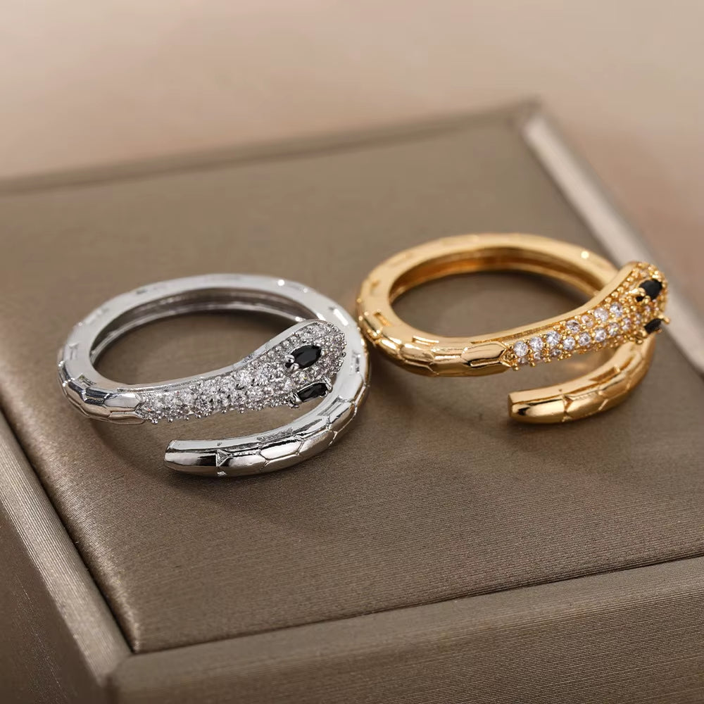 Cubic Zirconia Snake Rings for Women Adjustable Stainless Steel Gold Color Crystal Ring Wedding Couple Jewerly Anillos