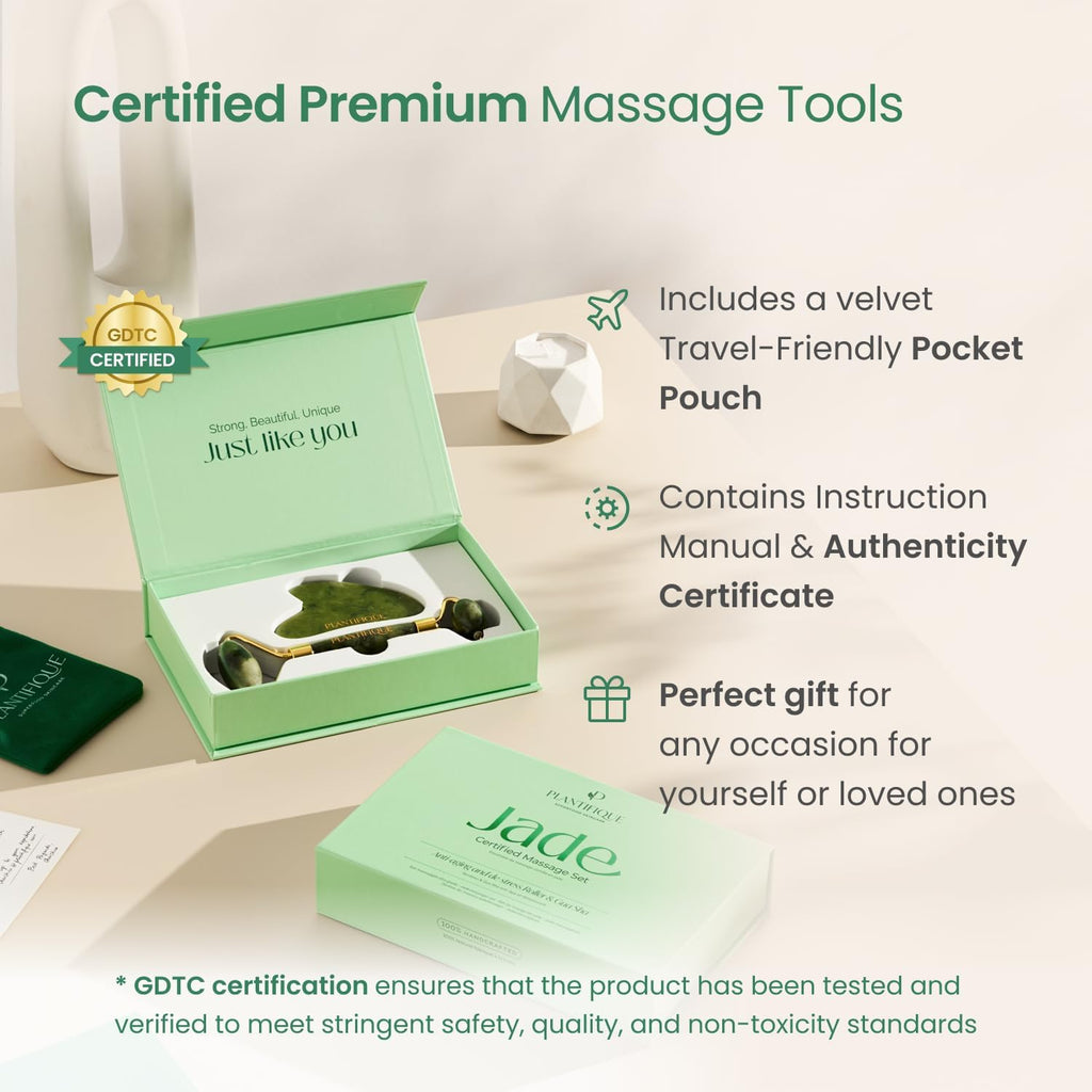 Jade Roller & Gua Sha Set – Real Jade Facial Tools for Skin Care Routine – Certified Face Massager for Radiant Skin