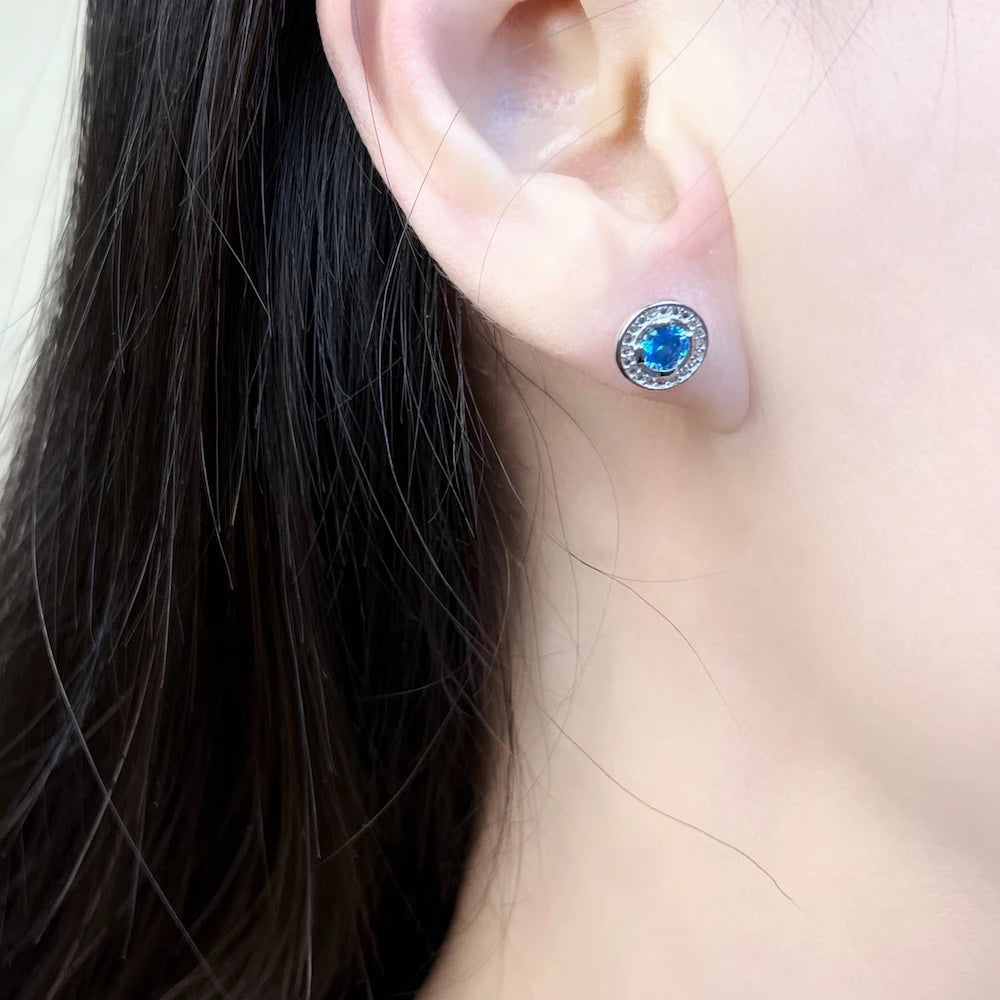 Round Light Blue Studs Earrings Europe Style Fine Jewerly for Women Classic Crystal Gift in 925 Sterling Silver