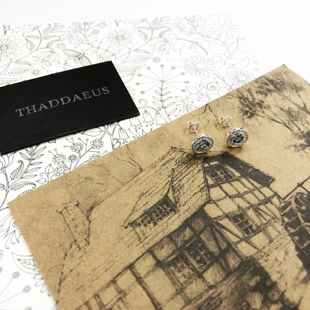 Round Light Blue Studs Earrings Europe Style Fine Jewerly for Women Classic Crystal Gift in 925 Sterling Silver