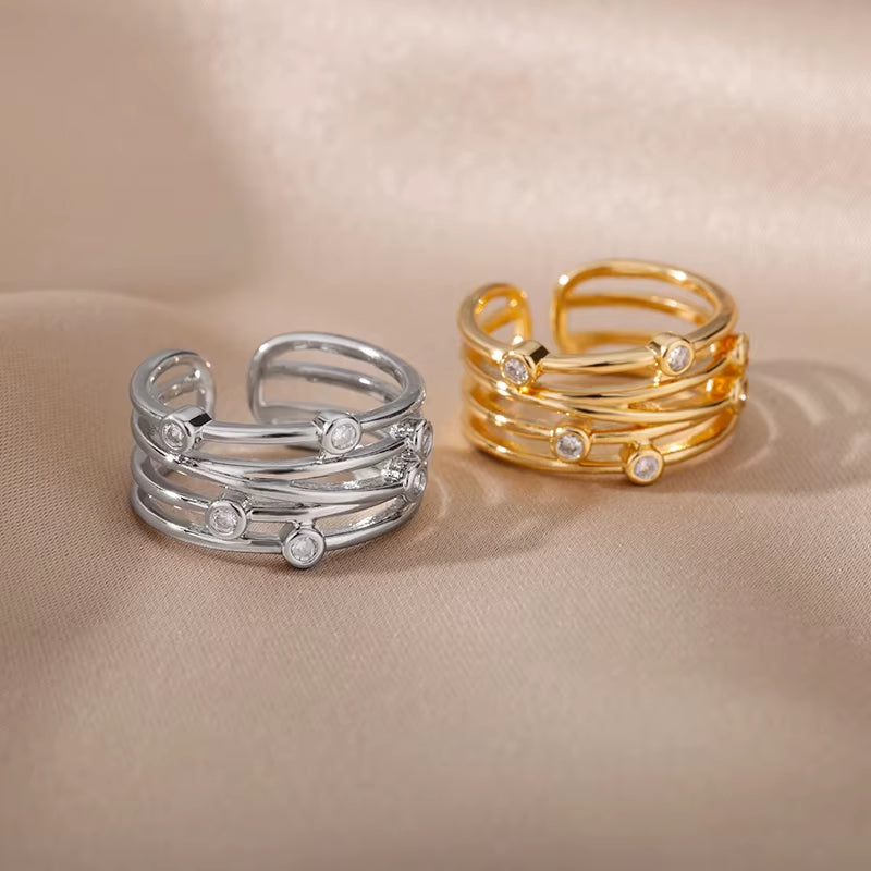 Multilayer Winding Line Zircon Rings for Women Open Adjustable Stainless Steel Geometry Ring 2022 Trend Jewerly Anillos Mujer