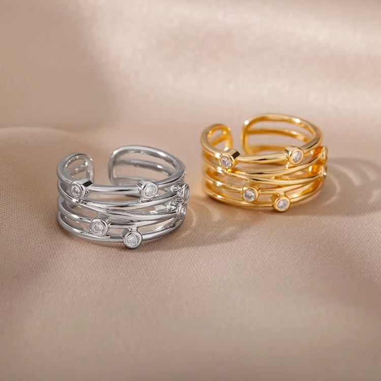 Multilayer Winding Line Zircon Rings for Women Open Adjustable Stainless Steel Geometry Ring 2022 Trend Jewerly Anillos Mujer