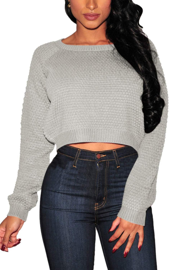 Crop Sweaters for Women Trendy Crew Neck Long Sleeve Fall Ribbed Pullover Cropped Knit Tops