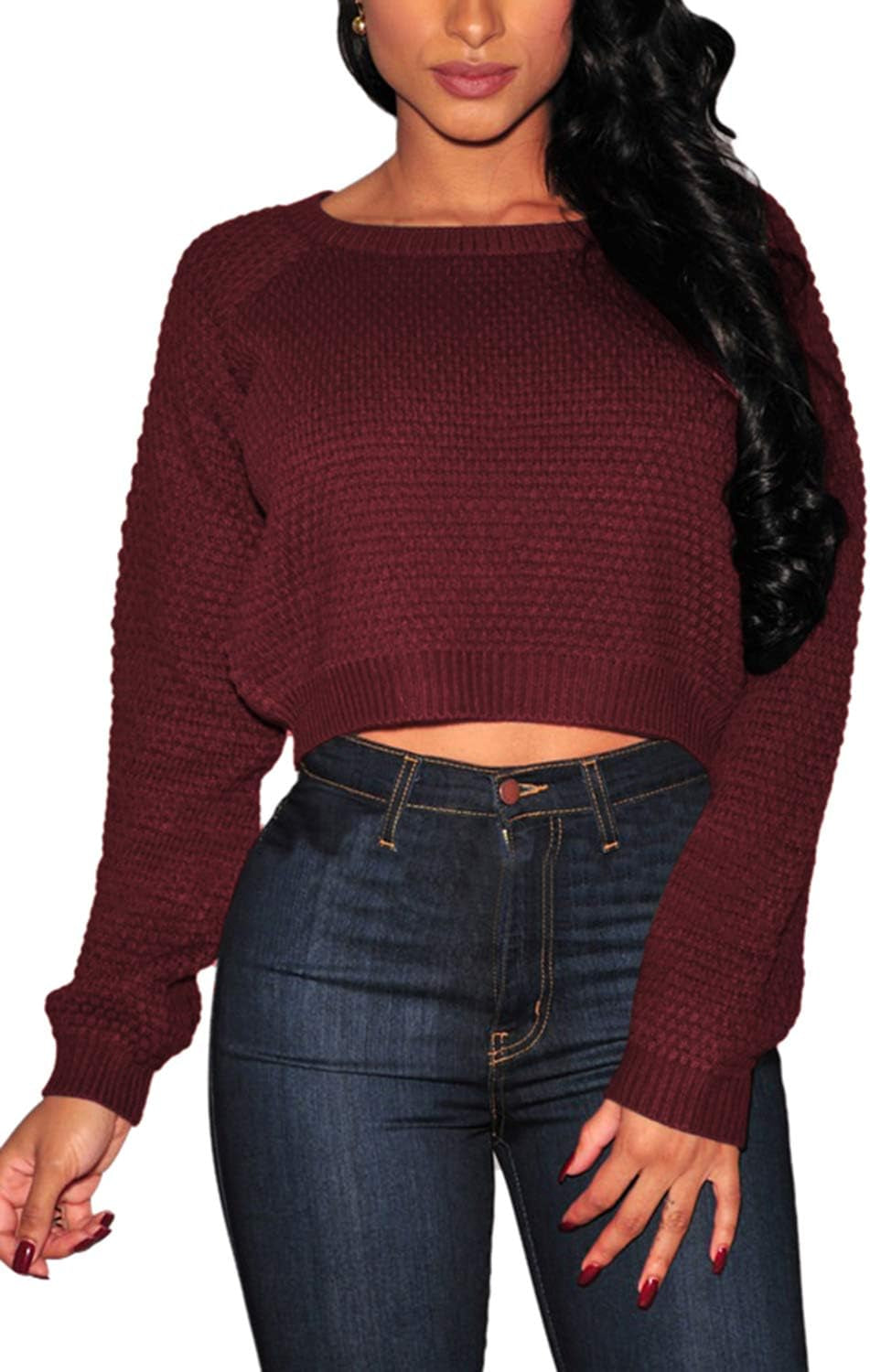 Crop Sweaters for Women Trendy Crew Neck Long Sleeve Fall Ribbed Pullover Cropped Knit Tops