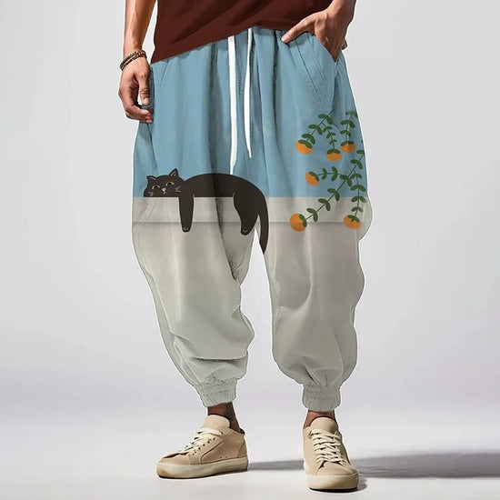 2025 New Young American Trendy Sweatpants Casual Pants Hip-Hop Street Harem Pantalones Japanese Retro Lazy Cat Art Print Trouser