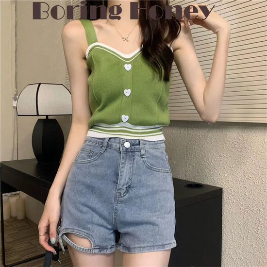 Boring Honey Women Tops Sweet Spicy V-Neck Knitted Vest Summer Fashion Short Pullover Crop Top Contrast Color Slim Thin Top Wome