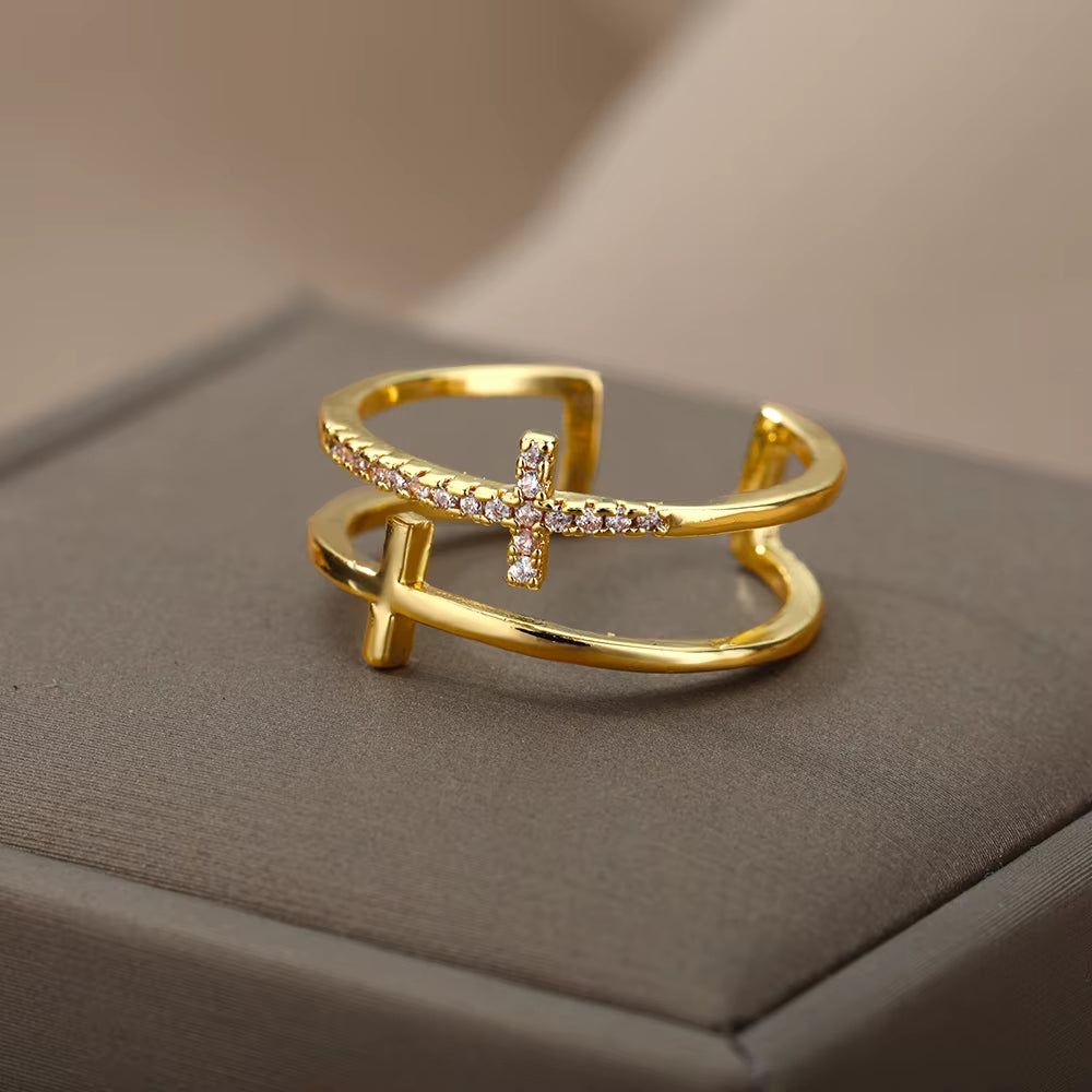 Cross Rings for Women Opening Gold Color Stainless Steel Ring Vintage Jesus Couple Wedding Jewelry Freeshipping Item Anillos