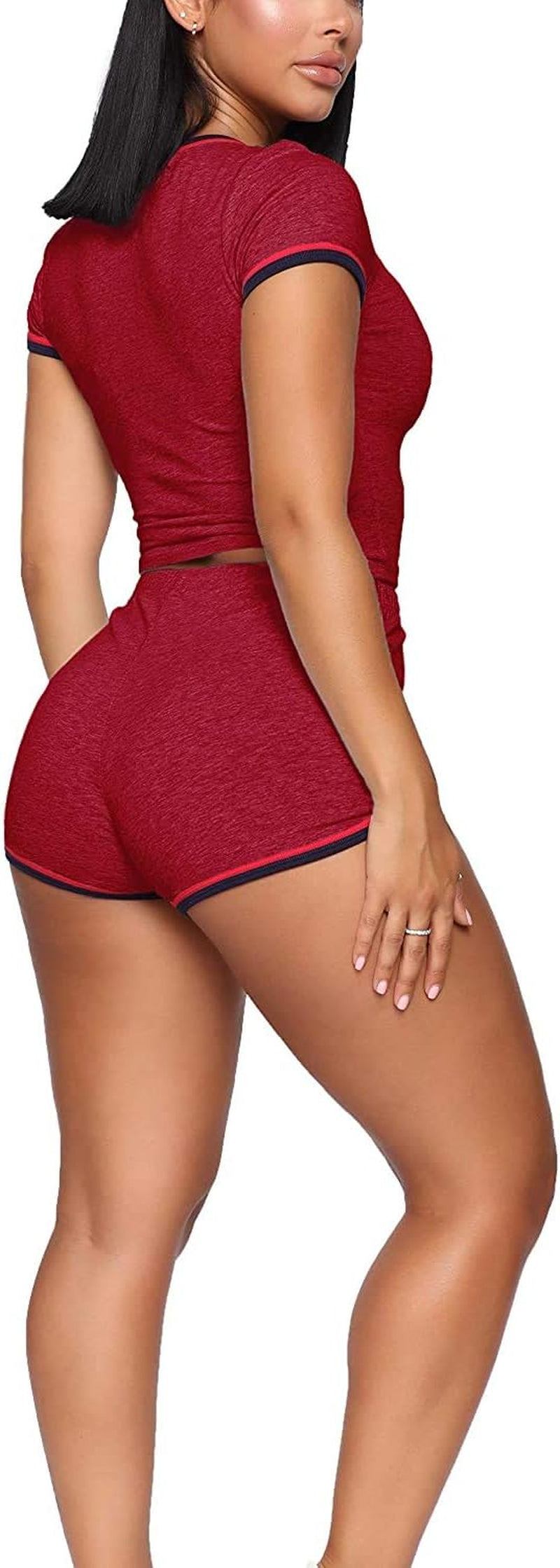 Biker Shorts Sets for Women - Cute Short Sleeve Crop Tops + Skinny Shorts Tracksuit Medium Wine Red