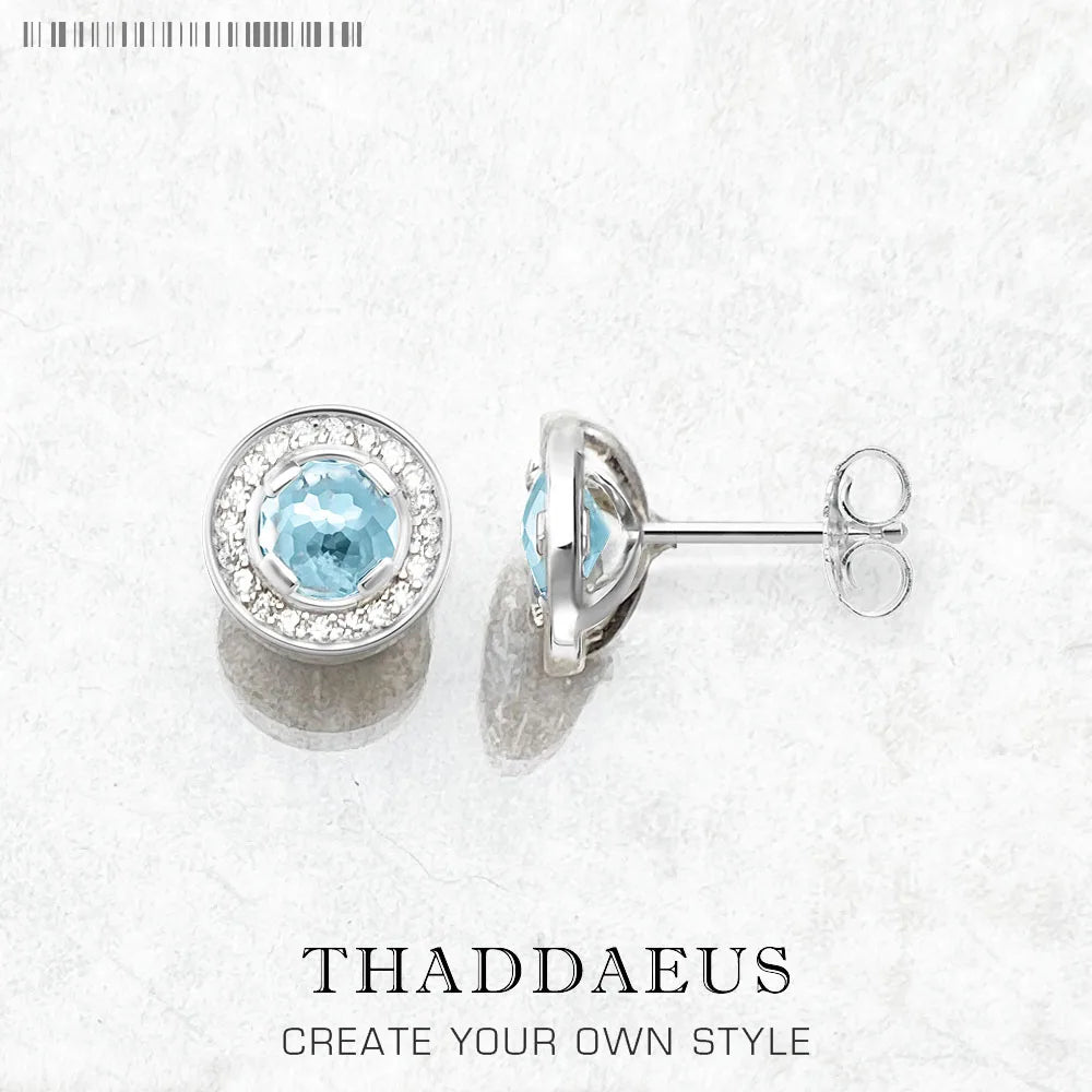 Round Light Blue Studs Earrings Europe Style Fine Jewerly for Women Classic Crystal Gift in 925 Sterling Silver