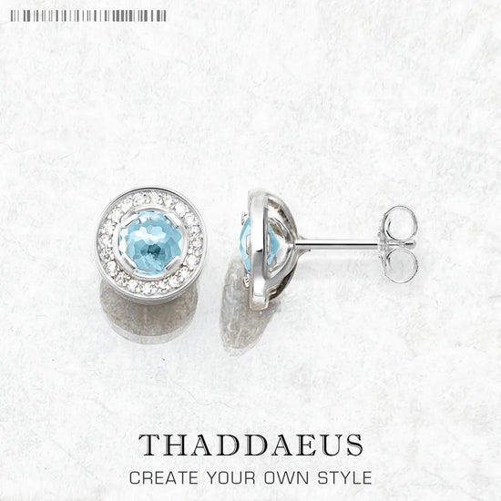 Round Light Blue Studs Earrings Europe Style Fine Jewerly for Women Classic Crystal Gift in 925 Sterling Silver