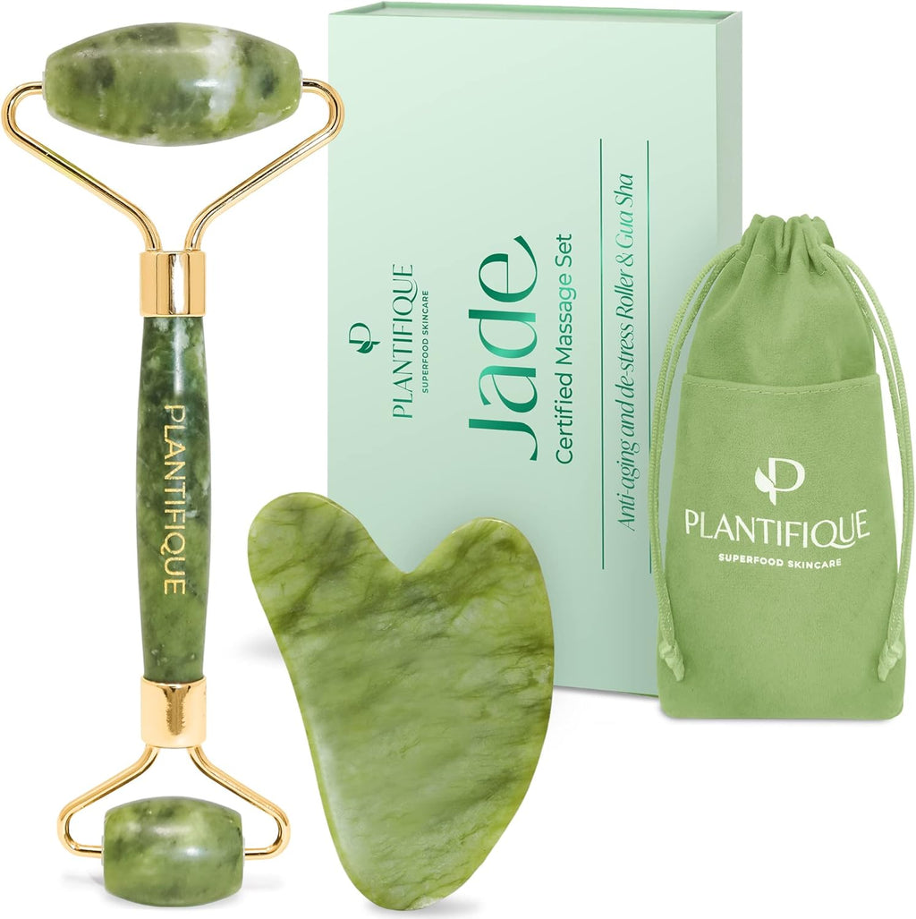 Jade Roller & Gua Sha Set – Real Jade Facial Tools for Skin Care Routine – Certified Face Massager for Radiant Skin