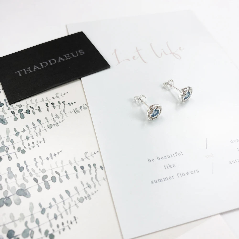 Round Light Blue Studs Earrings Europe Style Fine Jewerly for Women Classic Crystal Gift in 925 Sterling Silver