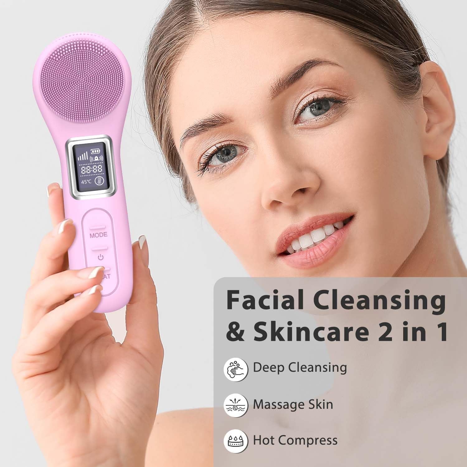 Face Scrubber Facial Cleansing Brush, Electric Silicone Sonic Face Brush with LCD Screen, Rechargeable, Waterproof, for Deep Cleansing,Thermal Massager Skin Care Routine Men Women