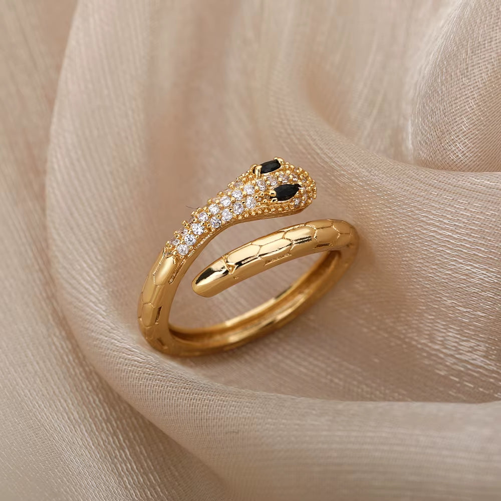 Cubic Zirconia Snake Rings for Women Adjustable Stainless Steel Gold Color Crystal Ring Wedding Couple Jewerly Anillos