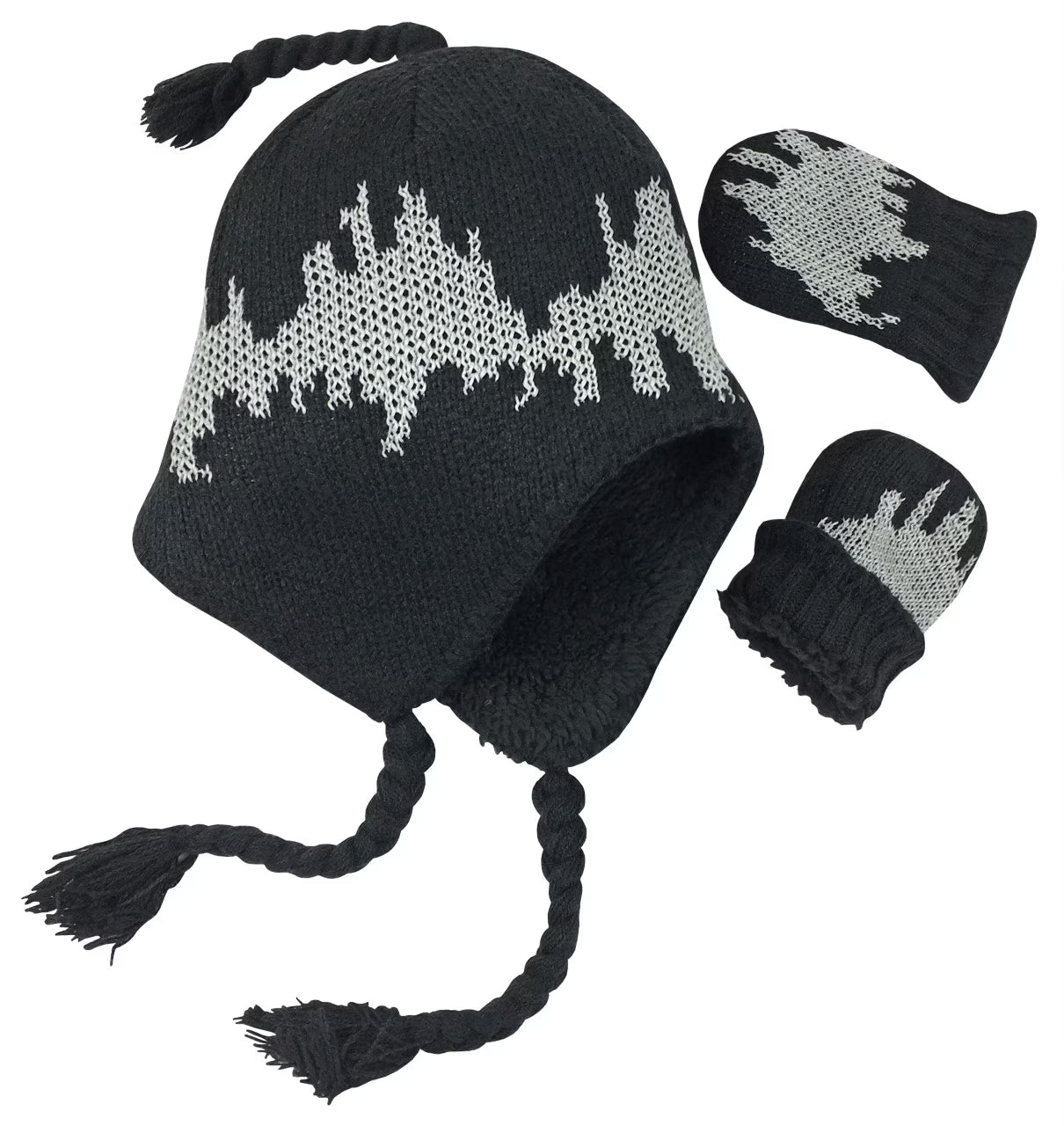 Little Boys Baby Knit Sherpa Lined Hat Mittens Winter Set - Kids Toddlers Black